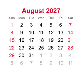 Monthly calendar of August 2027