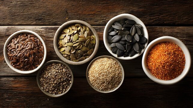 Assortment of Healthy Seeds and Spices in Rustic Bowls on Wooden Surface. - Powered by Adobe