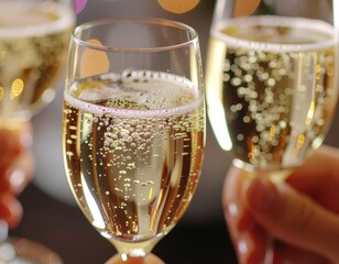 Effervescent celebration A trio of sparkling wine glasses clinking together in a joyous toast, symbolizing success, happiness, and memorable moments shared at a festive event