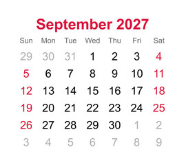 Monthly calendar of September 2027