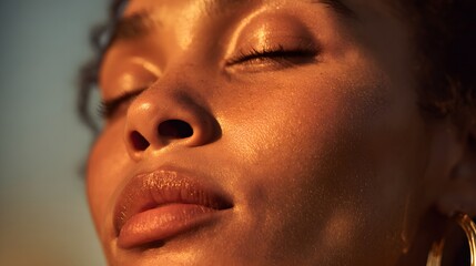 Fototapeta premium Close up of a Black Womans Face with Eyes Closed in Golden Hour Light.