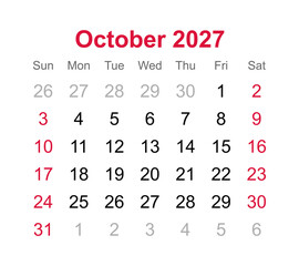 Monthly calendar of October 2027
