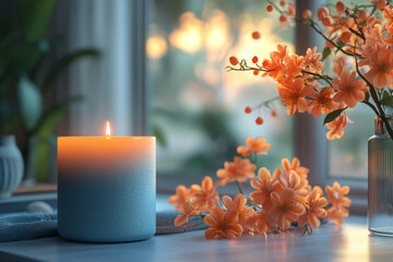 burning candle and flowers on a table