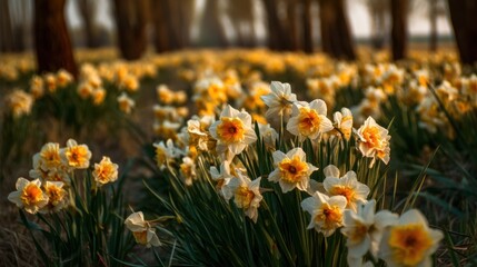 Obraz premium Daffodil flowers fill a sunny forest clearing in spring showcasing bright yellow and white petals. Sunlight shines through trees enhancing the vibrant scene and peaceful atmosphere.