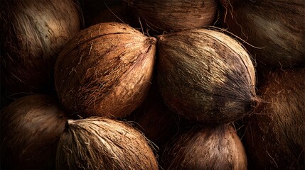 Close-up Macro Shot of Whole Brown Coconuts with Textured Husks.