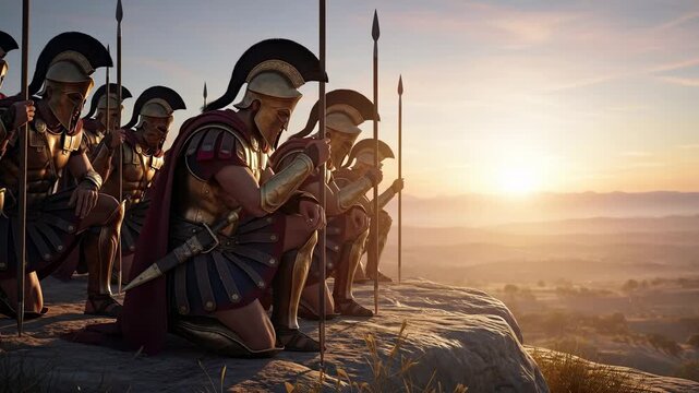 Ancient roman warriors kneel on a mountain overlooking a valley at sunset, demonstrating honor and vigilance for Memorial Day.