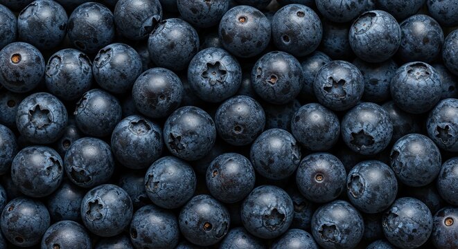 Plump, fresh dark blue blueberries are tightly packed together, forming a vibrant full-frame background pattern that highlights their natural texture and healthy characteristics. - Powered by Adobe