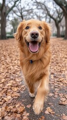 A happy golden retriever is walking on a path with leaves on the ground. The dog is wagging its tail and he is enjoying its walk