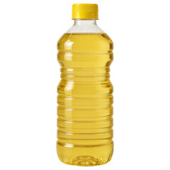 Clear plastic bottle filled with golden cooking oil with yellow cap isolated on transparency background