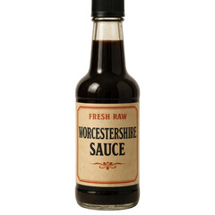 Fresh raw Worcestershire sauce bottle with vintage label, dark liquid condiment for enhancing flavor in cooking and meals