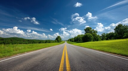 Fototapeta premium A long straight road stretches into the distance bordered by lush green grass and trees. The sky is bright blue with fluffy clouds creating a peaceful scene. Ideal for a drive.