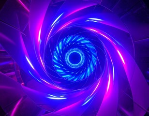 A swirling, futuristic tunnel of violet and blue light leads to a central void
