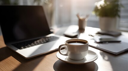 Fototapeta premium Cozy Morning Workspace with Laptop and Coffee.