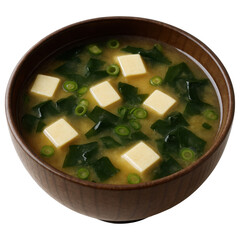 Miso soup with tofu cubes, seaweed, and green onion slices served in wooden bowl, simple and comforting dish
