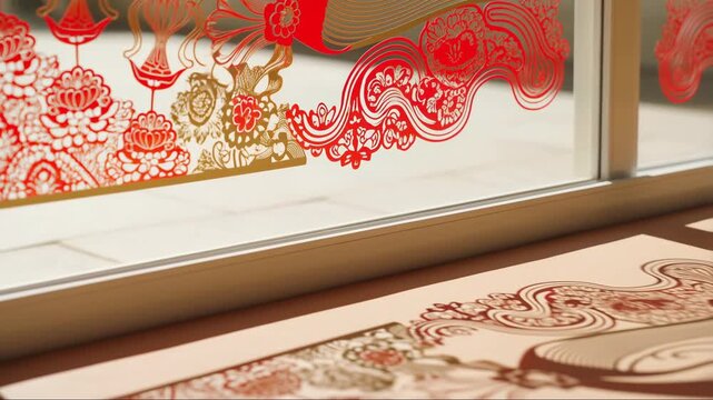 Traditional Chinese New Year red and gold paper cut window decoration casting intricate shadows on sunny day