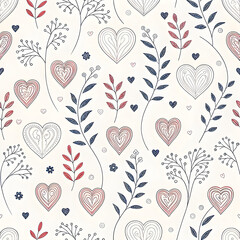Modern Valentine&rsquo;s Day seamless pattern with monoline hearts, clean white background, minimalist design
