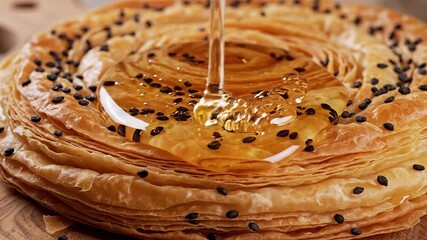 A closeup shot captures a delectable goldenbrown layered pastry generously sprinkled with aromatic black sesame seeds as a luscious stream of golden honey cascades slowly and beautifully onto its war.