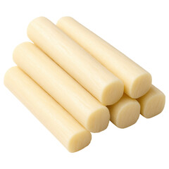 Fototapeta premium Cheese sticks stacked in simple composition with smooth texture and pale yellow color, perfect for snack or cooking use