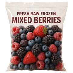 Frozen mixed berries with strawberry, raspberry, blueberry, and blackberry in clear plastic bag for healthy snack or dessert