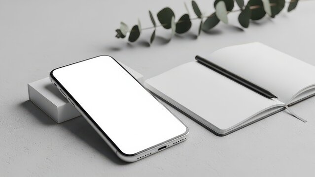 White phone sits on a table next to a notebook and a leafy green plant. for mock up