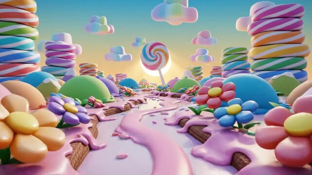 A whimsical landscape features candy elements, swirly lollipops, vibrant clouds, and a river of sugary substance