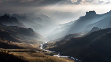 Dramatic Mountain Valley with Sunbeams and River.