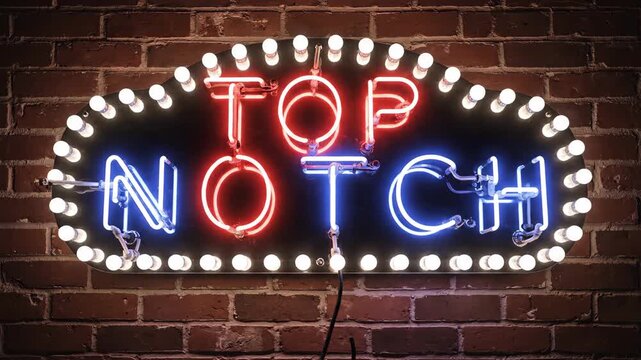 Colorful neon signs displaying top notch attraction lights on a brick wall