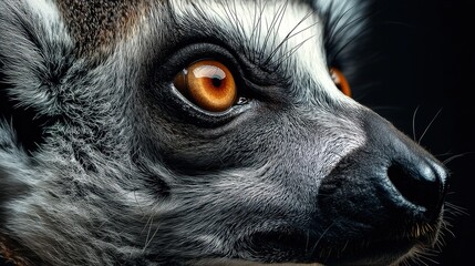 Obraz premium The lemur stares intently with vibrant orange eyes and textured fur in a close up scene. The lighting enhances the intricate patterns highlighting its natural beauty.