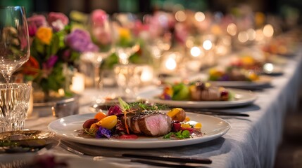 Elegant Outdoor Dinner Party Setting with Gourmet Food and Floral Decorations.