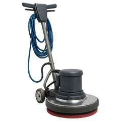 Floor polisher with blue cord and red pad for cleaning and polishing hard surfaces in commercial or residential spaces