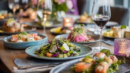 Elegant Table Setting with Gourmet Dishes and Wine.