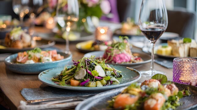 Elegant Table Setting with Gourmet Dishes and Wine.