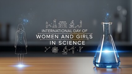 Celebrating international day of women and girls in science with scientific glassware and digital icons