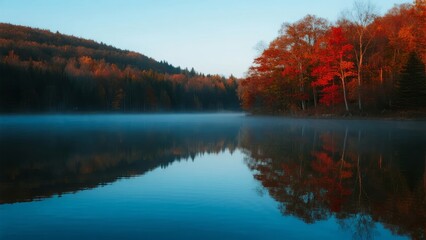 Fototapeta premium Autumn landscape with calm lake reflecting colorful trees and forested hills under clear sky