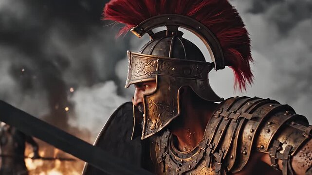 Hyper-Realistic Spartan Soldier Fighting and Walking in Stormy Battlefield Environment
