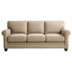 Fototapeta premium Beige three seat sofa with soft cushions and rounded armrests, offering comfortable and simple seating for living room
