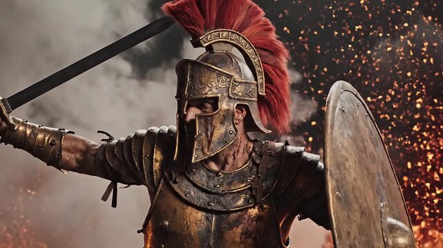 Cinematic Ancient Greek Warrior in Bronze Armor with Detailed Helmet and Shield 8K Video
