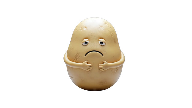 Sad Potato Character Hugging Itself on White Background