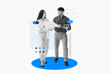 Two colleagues share a light moment while reviewing documents in a creative work environment. They appear engaged and focused on their project, fostering teamwork and communication.