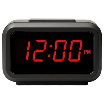 Digital clock red numbers display twelve oclock PM on simple black rectangular alarm clock with button on top
