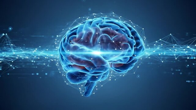 Abstract blue brain network with digital data stream background. 4k video