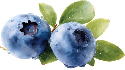 Obraz premium Fresh Ripe Blueberries with Water Droplets on Green Leaves.