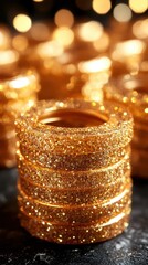 A stack of gold glittery bracelets. The bracelets are stacked on top of each other and are very shiny