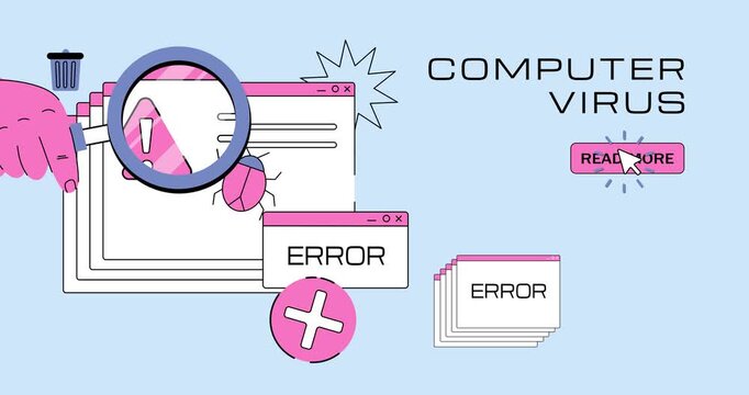 Computer virus. Moving banner with programmer or tester hand holding magnifying glass and looking for errors and bugs in software code. Technical support. Flat graphic animated cartoon