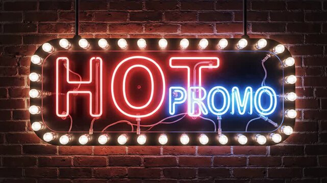 Neon illuminated hot promotional signs with vibrant flashing lights on brick