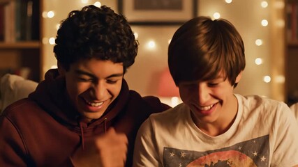 Teen boy whispering secret into ear of smiling friend in a cozy room