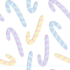 Festive wrapping paper texture with pastel sweets on the white background. Cute Christmas candy cane hand drawn seamless pattern