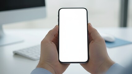 Hands Holding Smartphone Blank Screen Closeup Indoor