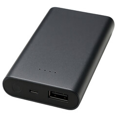 Black portable power bank with USB and USB C ports for charging devices on go, compact and sleek design