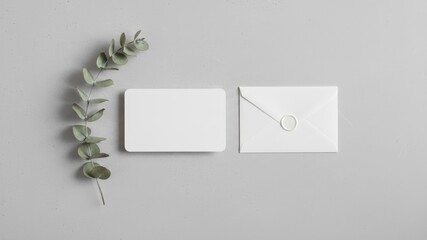 Minimalist Wedding Invitation Card with Envelope and Leaf